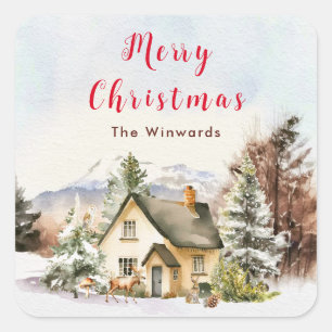 Ferienhaus im Winter Frohe Weihnachten Quadratischer Aufkleber