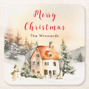 Ferienhaus im Winter Frohe Weihnachten Rechteckiger Pappuntersetzer