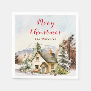 Ferienhaus im Winter Frohe Weihnachten Serviette