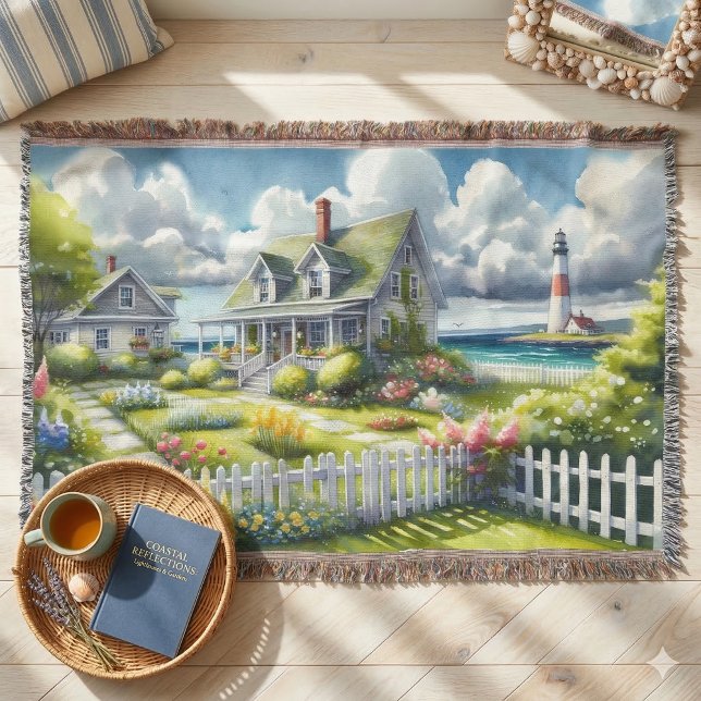 Ferienhaus mit Blick auf den Leuchtturm Decke (Cottage With View Of The Lighthouse Throw Blanket On Wood Floor)
