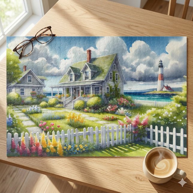 Ferienhaus mit Blick auf den Leuchtturm Puzzle (Cottage With View Of The Lighthouse Jigsaw Puzzle On Wood Table)