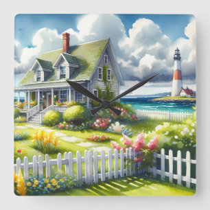 Ferienhaus mit Blick auf den Leuchtturm Quadratische Wanduhr