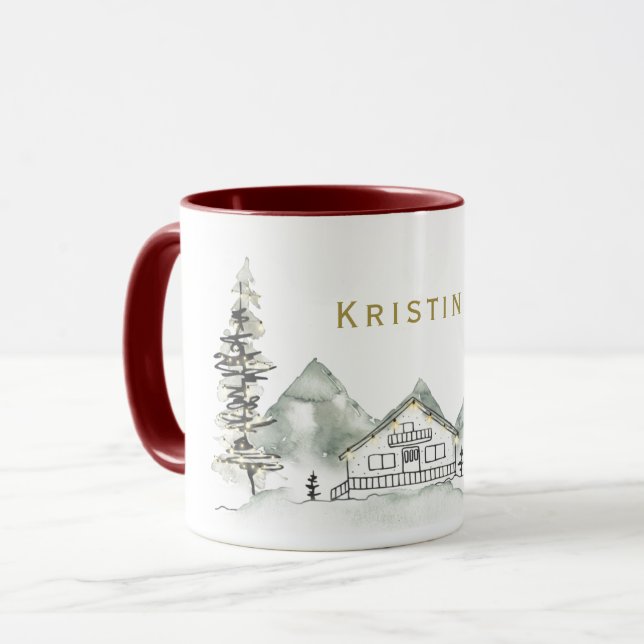Ferienhaus und Pine Tree mit Namen Tasse (Vorderseite Links)