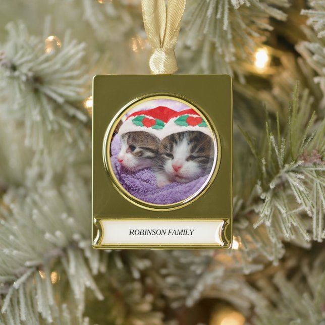 Ferienkätzchen mit roten Weihnachtsmannmützen Fami Banner-Ornament Gold (Baum)