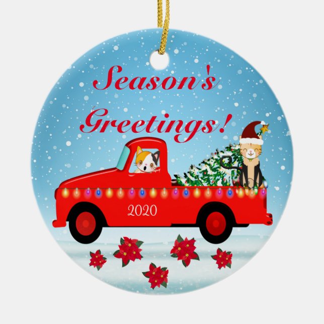 Ferienkatzen bekommen einen Weihnachtsbaum in eine Keramik Ornament (Vorne)