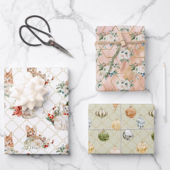 Ferienkatzen Geometrische Blumen Ornamente Geschenkpapier Set (Vorderseite)