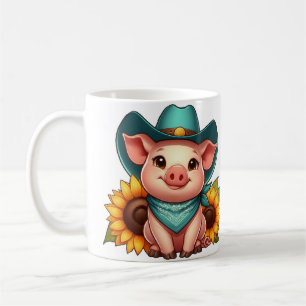 Ferkel mit Cowboyhut und Sonnenblumen Kaffeetasse