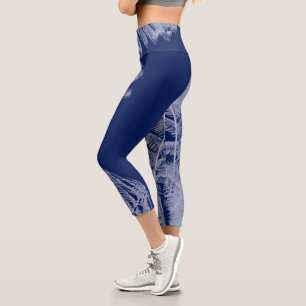 Fern Blätter Texture Sketch White Blue Capri Leggings
