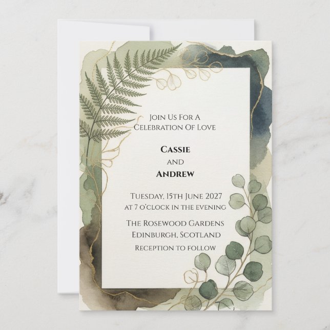 Fern-Eukalyptus-Grün-Hochzeit Einladung (Vorderseite)