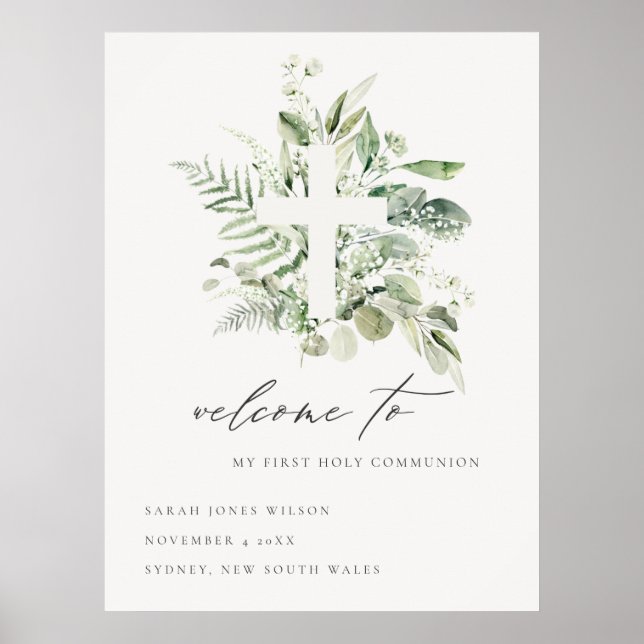 Fern Foliage Cross Erste Heilige Kommune Willkomme Poster (Vorne)