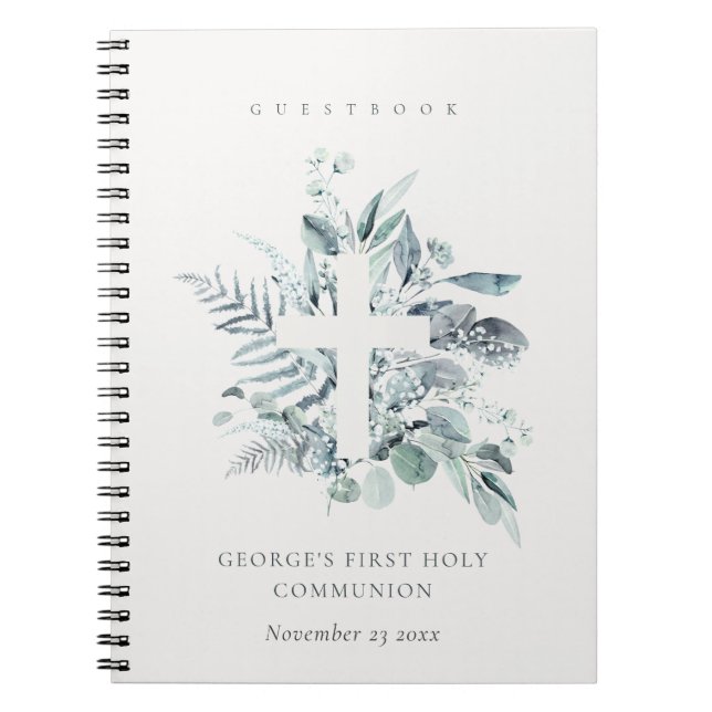 Fern Foliage Cross First Holy Communy Gästebuch Notizblock (Vorderseite)