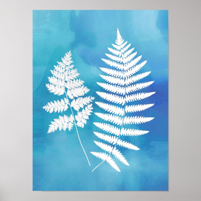 Fern Fronds, weiß auf blauem Aquarellboden Poster (Vorne)