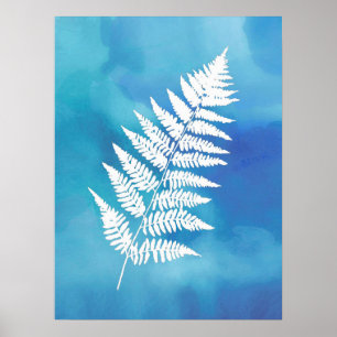 Fern Frontend, weiß auf blauem Aquarell Hintergrun Poster