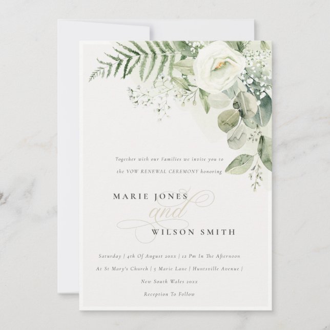 Fern Greenery White Floral Vow Renewal Einladung (Vorderseite)
