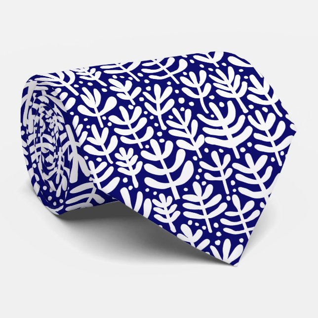 Fern Pattern - Weiß auf Deep Navy Krawatte (Gerollt)