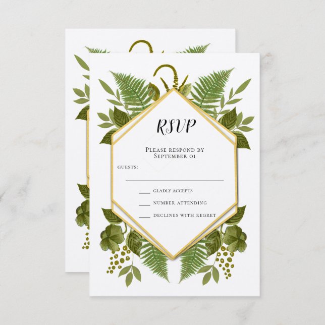 Ferns and Fauna Gold and Greenerity Wedding RSVP Einladung (Vorne/Hinten)