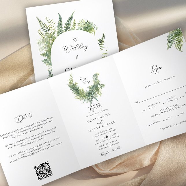 Ferns Boho Arch Hochzeit vom verzauberten Waldberg Dreifach Gefaltete Einladung (enchanted forest wedding invitation botanical boho arch fern outdoors mountains sage all one trifold)