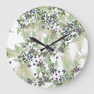 Ferns Clematis Vine Flowers Floral Wall Clock Große Wanduhr