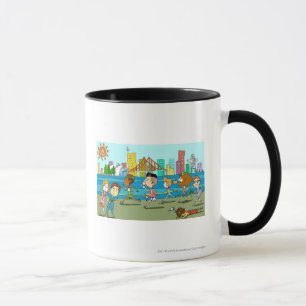 Fernsehreporter mit Miken am Sportrennen Tasse
