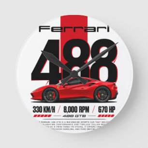 Ferrari 488 GTB Poster T-Shirt Italienisches Sup Runde Wanduhr
