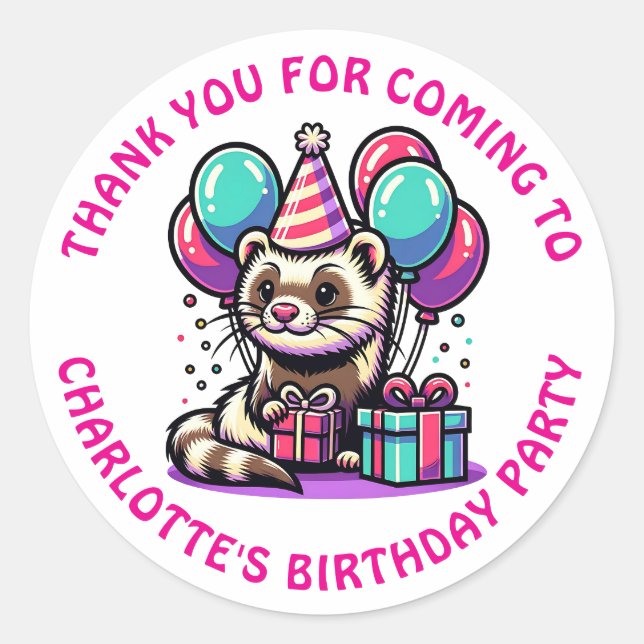 Ferret Themed Girl's Birthday Party Personalisiert Runder Aufkleber (Vorderseite)