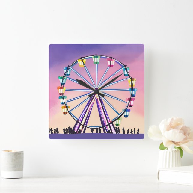 Ferris Wheel Sunset | Schöne Wasserfarbe Quadratische Wanduhr (Zuhause)