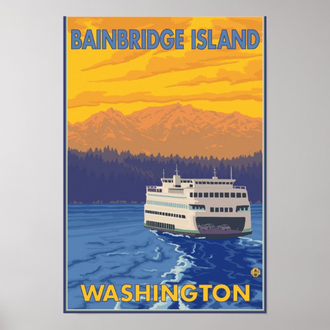 Ferry and Mountains - Bainbridge Island, WA Poster (Vorne)
