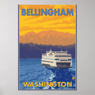 Ferry and Mountains - Bellingham, Washington Poster