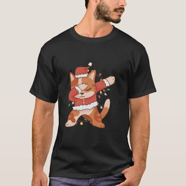 Fest Cat Dab Weihnachtsbeleuchtung Spaß T-Shirt (Vorderseite)