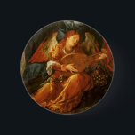 Fest der Rose Garlands Engel von Albrecht Durer Button<br><div class="desc">Fest der Rose Garlands (Engeldetails) (1506) von Albrecht Dürer (1471-1528). Eine Vintage Renaissance-Ära mit einem religiösen Porträtmalerei, in dem ein musikalischer Engel auf einem Musikinstrument, der Laute, Musik spielt.</div>