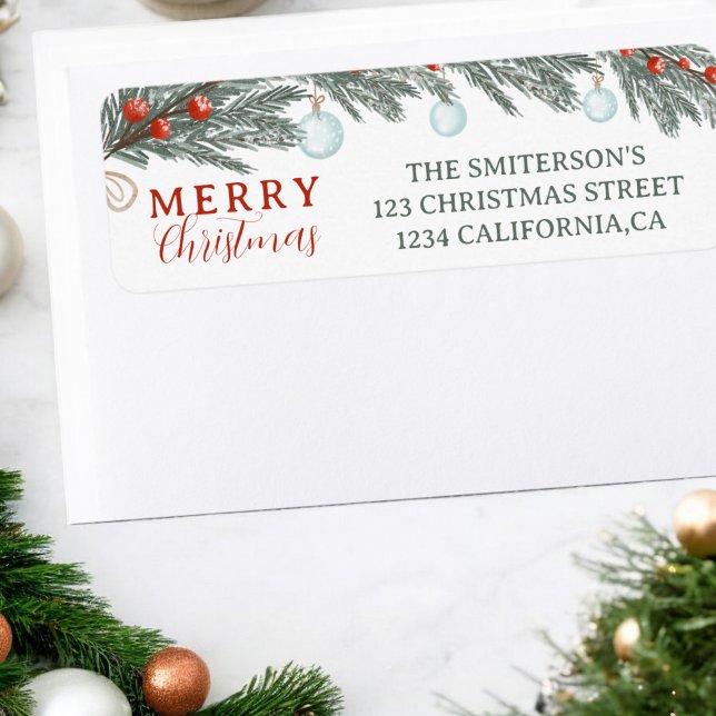 Fest Evergreen Red Berries Wasserfarbe Weihnachten (Festive Evergreen Red Berries Watercolor Christmas Label)