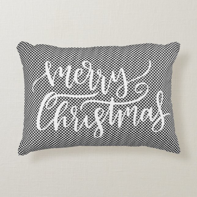 Fest frohe Weihnachten Schwarz-weiß Gingham Karier Dekokissen (Vorderseite)