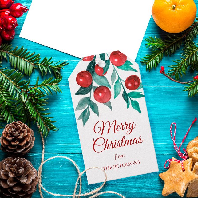 Fest Frohe Weihnachten Wasserfarbe Rote Berries Geschenkanhänger (Von Creator hochgeladen)