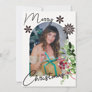 Fest Frohe Weihnachtsgrün Rote Berries Foto Feiertagskarte