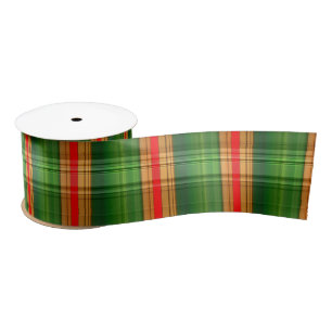 Fest Grün, Rot und Gold Kariert (Tartan) Satin Rib Satinband