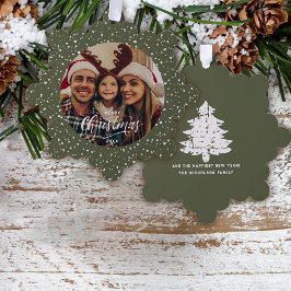 Fest Grün Weißschnee Frohe Weihnachtsfeier Foto Ornament Karte