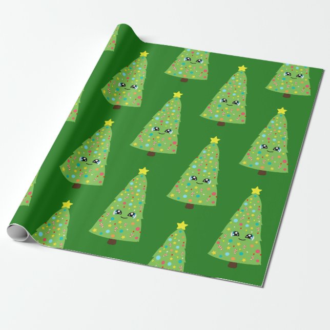 Fest grünes Lächeln Kawaii Weihnachtsbaum Kid's Geschenkpapier (Ungerollt)