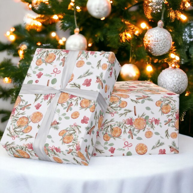 Fest Orange Pine Blumenstrauch Geschenkpapier (Festive Orange Pine floral Watercolor Holiday Wrapping Paper)