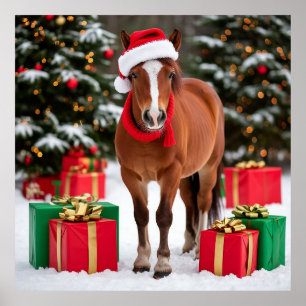 Fest Pferd in Weihnachtsmannmütze Poster
