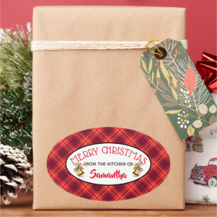 Fest: Red Kariert & Bells Gift Label Ovaler Aufkleber