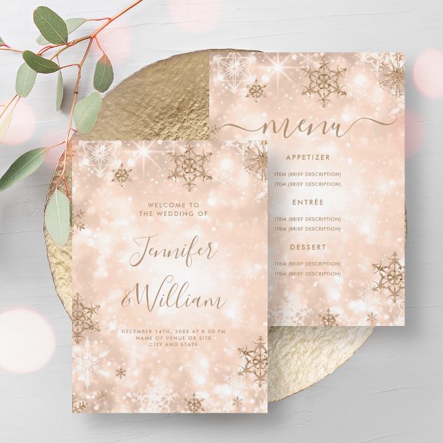 Fest Sparkle Rose Gold Winter Wedding Menü Einladung (Festive Sparkle Rose Gold Winter Wedding Menu Invitation)