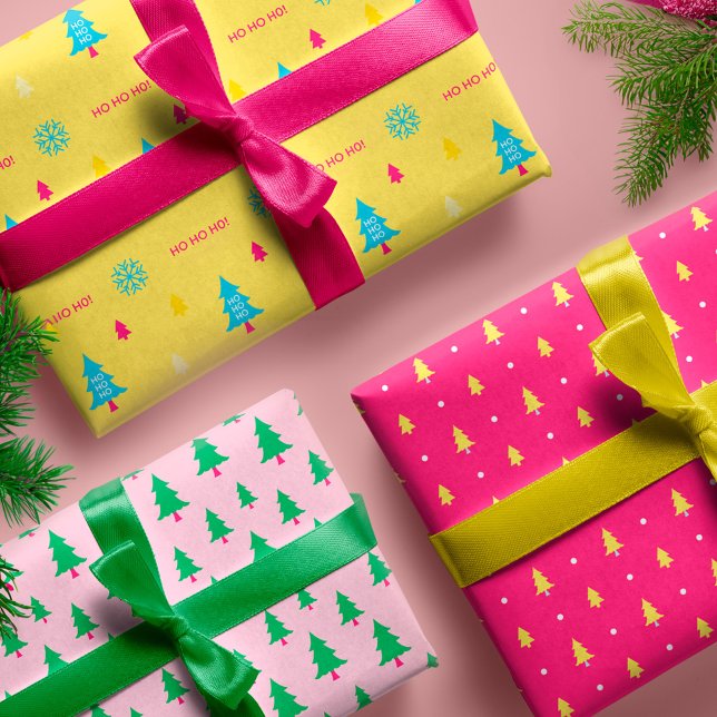 Fest & Spaß Bright Neon farbenfroher Weihnachtsbau Geschenkpapier Set (Festive & Fun Bright Neon Colourful Christmas Tree Wrapping Paper Sheets)