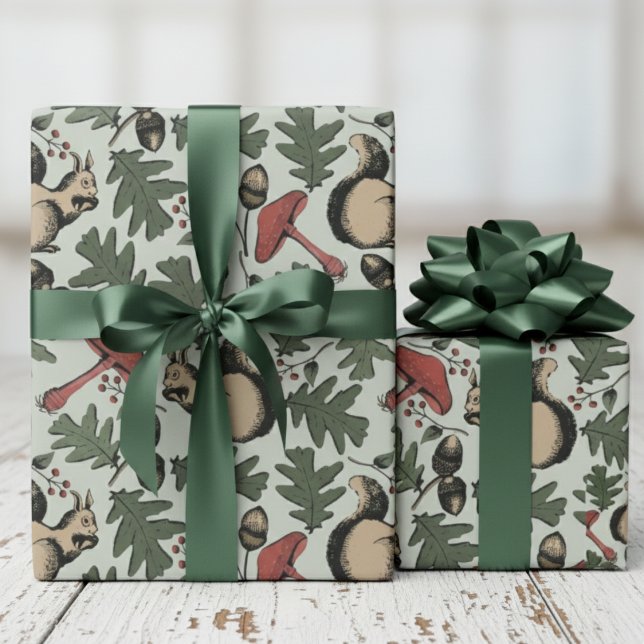 Fest-Wald-Eichhörnchen, Acorns & Pilze Grün Geschenkpapier (Sage Green Forest Winter Squirrels & Leaves Woodland Wrapping Paper for Nature Wild Animals Lover. )