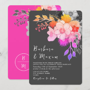 Feste Florale Rosa & Schwarze Hochzeitseinladung Einladung