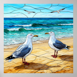 Feste Glaskunst von Seagulls am Strand Poster