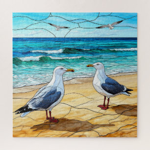 Feste Glaskunst von Seagulls am Strand Puzzle