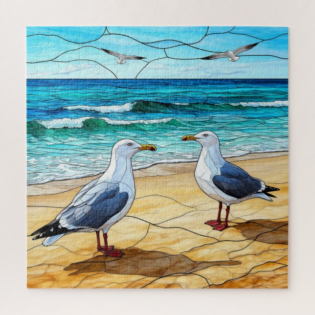 Feste Glaskunst von Seagulls am Strand Puzzle (Vertikal)