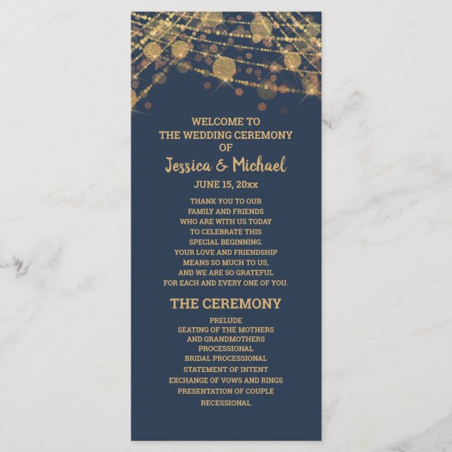 Feste Navy Blau Gold Lichterkette Hochzeitsprogram Programm (Vorderseite)