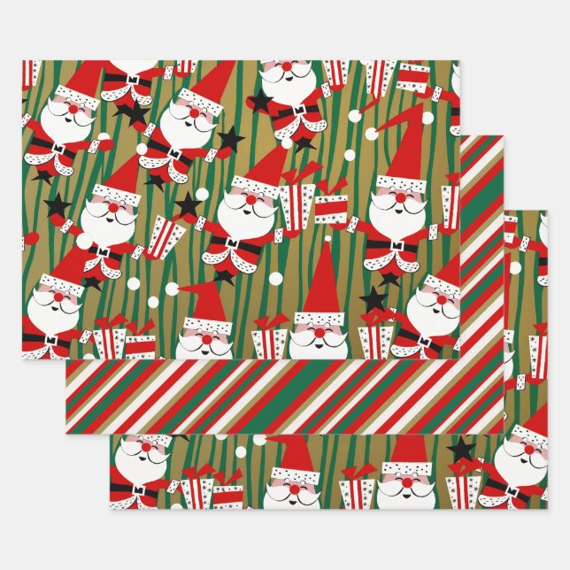 Fester Santa und Streifen Kitsch Geschenkpapier Set (Set)