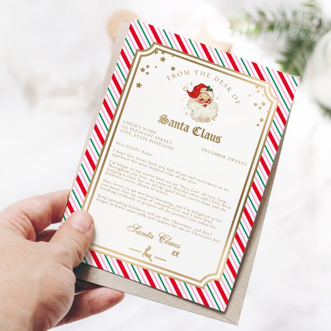 Fester Streifenbrief von der Santa Foil Card Folieneinladung (Letter From Santa Festive Stripe Gold Zazzle)